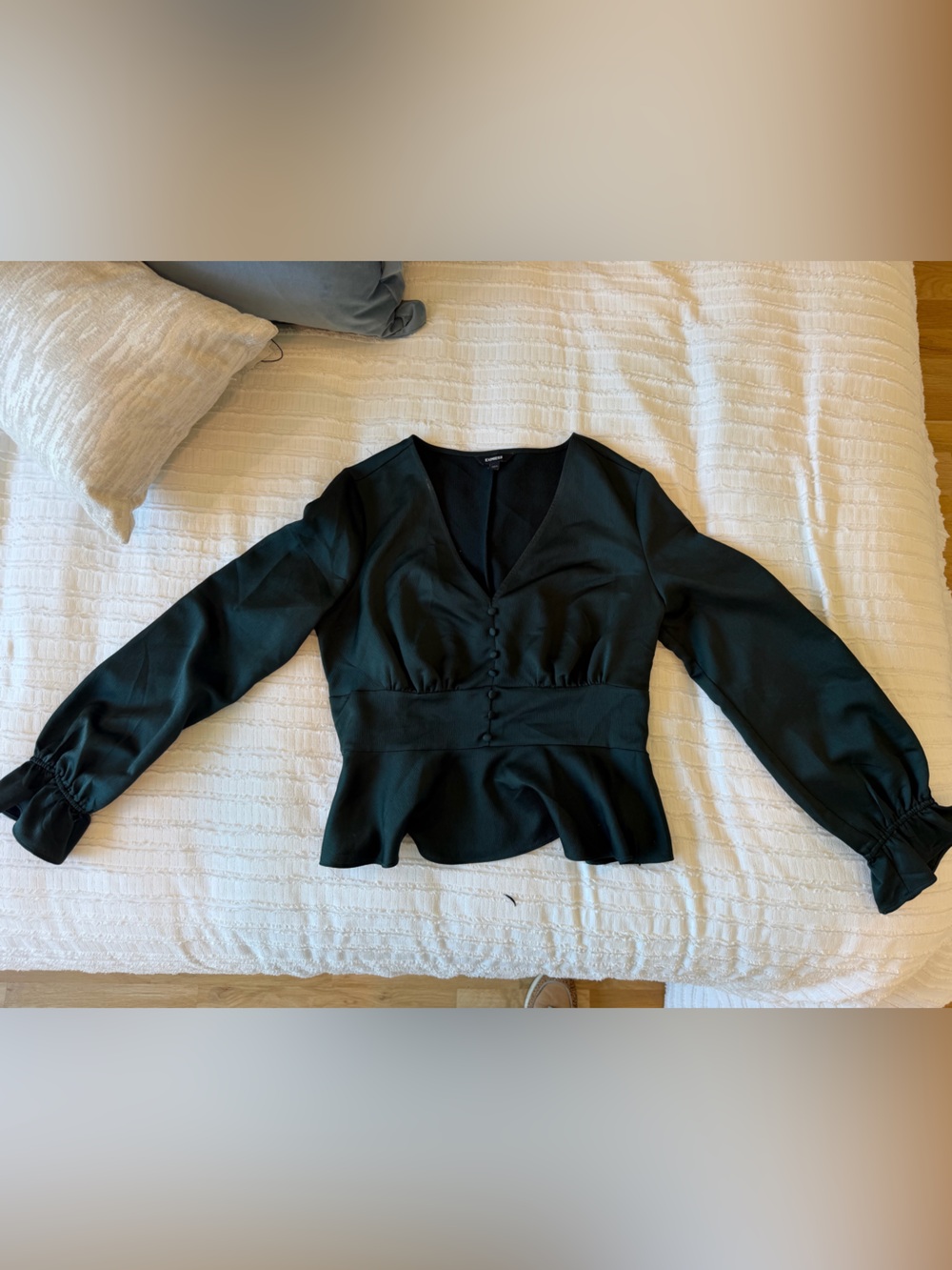 Express Dark Green Peplum Button-Front Blouse